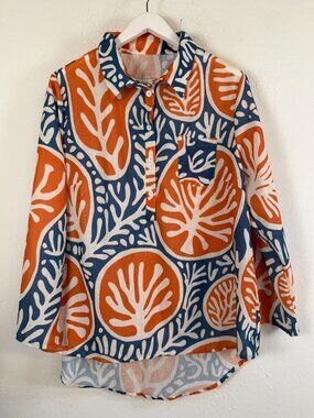 Womens Shirt Abstract Coral Reef Orange Blue Linen Look Pullover Blouse Top 1XL